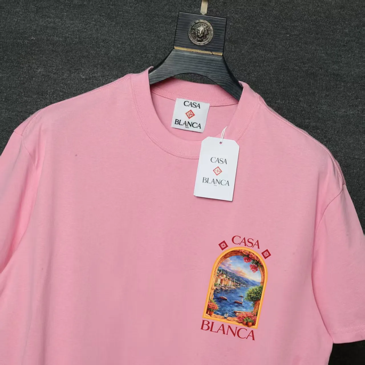 26ss CASABLANCA original printing process short-sleeved T-shirt original development using high-density double yarn pure cotton fabric upper body soft and comfortable color Black White Dark Green color Orange Pink Blue Royal Blue color cigarette powder 8 colors Sizes S M L XL